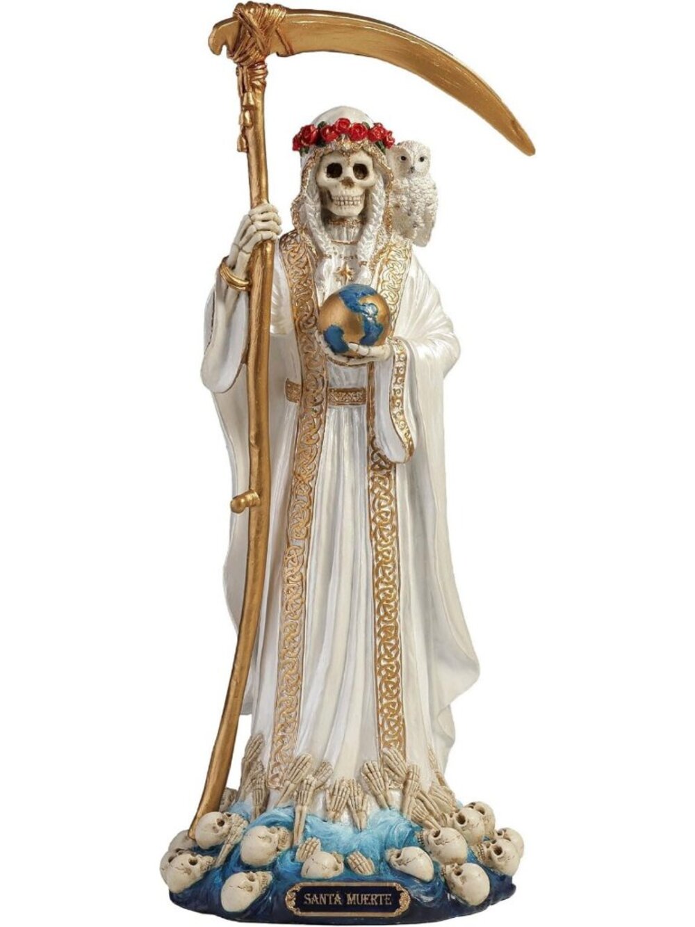 11.5” Santa Muerte Grim Reaper Sculpture - Holy Death Resin Art, White & Gold